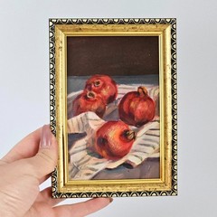 Original Oil Painting Pomegranates Still Life 4×6 Framed Kitchen Wall Art