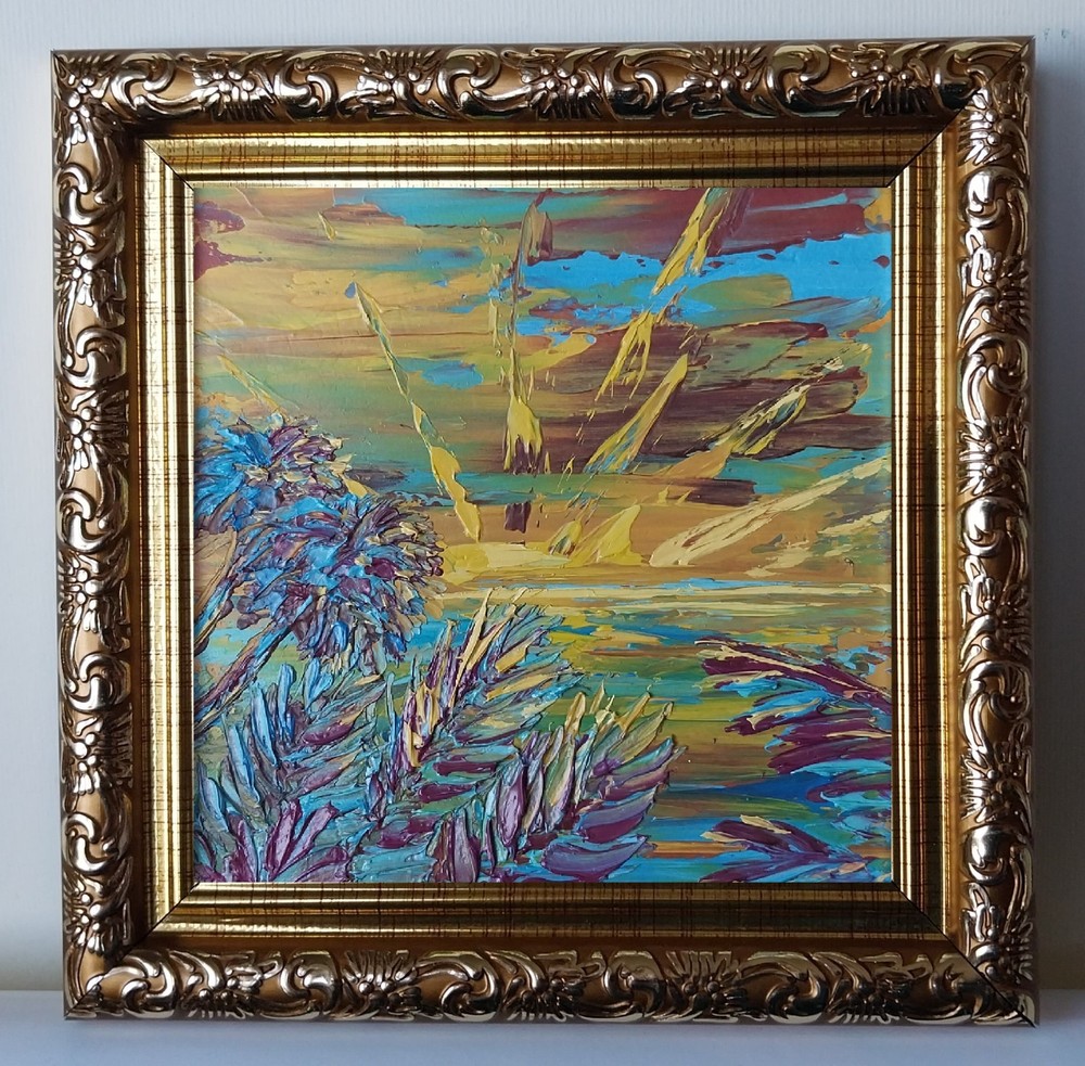 Framed Abstract Sunset Seascape Tropical Seaside Art 4×4” Oil Painting Original