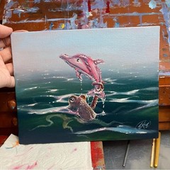 Octopus Original painting pink dolphin art art surreal realism Artettina USA