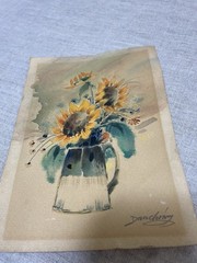 Sunflower Original Watercolor Painting paper flower pitcher garden 5X7 DanChing