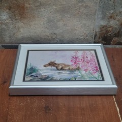 Watercolor Painting Art Print Moose in Water Pink Flower Signed MarLynk