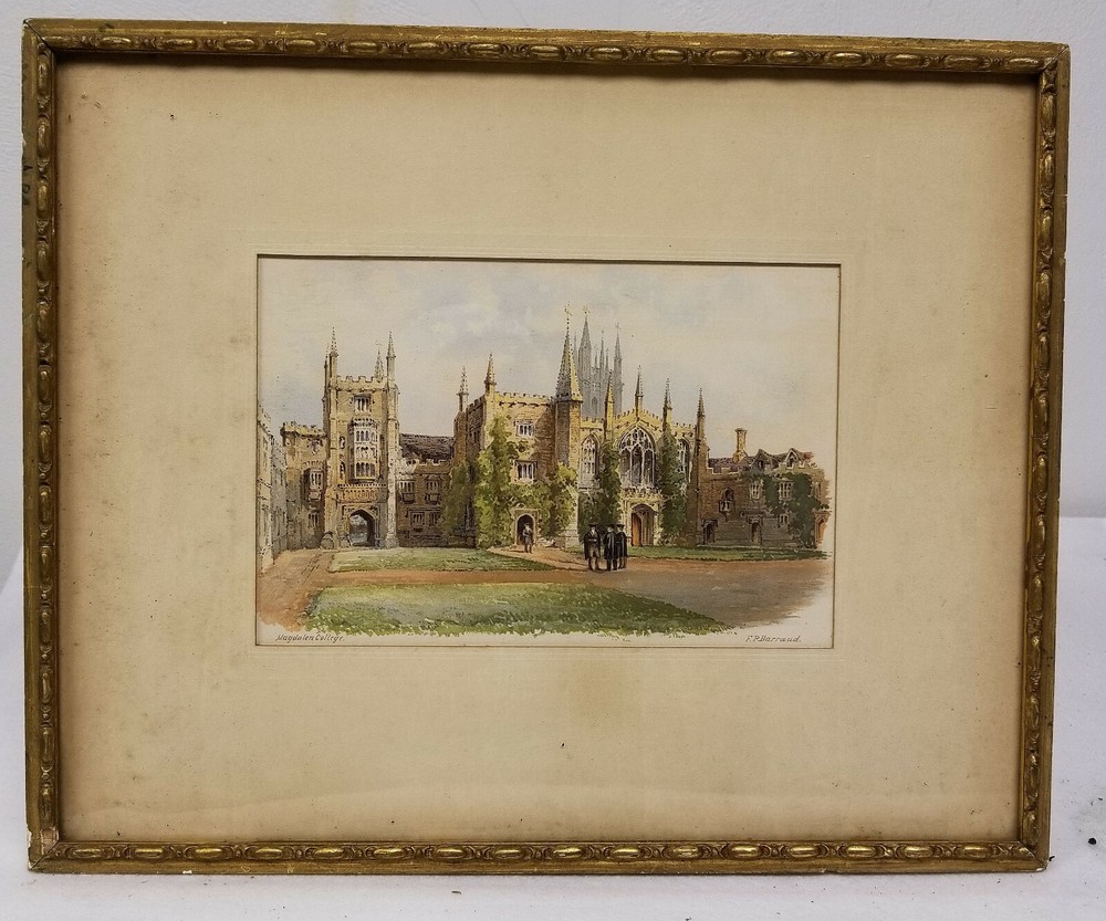 Antique Watercolor Painting Oxford University Francis Barraud Magdalen College