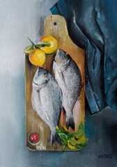Painting „Fish on the board“/Art collection/oil/handmade/paintings