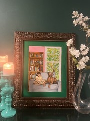 Oil Painting on Canvas, 16×20 inches, Girl & Dog, Books, Cat, Girl, Dog.