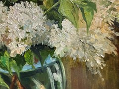 Original Oil Painting White Lilac Flowers Spring Still Life Art Signed 16×16 in