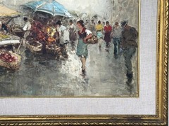 VTG c 1960s European School Orig. Impressionistic O/C Marketplace Signed Buchien