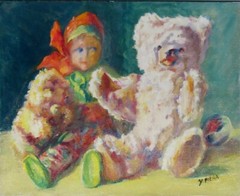 Vintage French Oil Painting, Doll and Teddy Bear, Toys, Signed