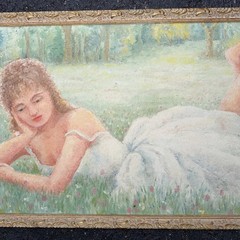 Signed G Vernet Oil On Board Impressionist Painting Of A Young Woman In A Field