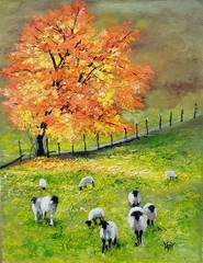 YARY DLUHOS Autumn Tree Fall Landscape Meadow Sheep Original Art Oil Painting
