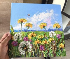 Original Oil painting Dandelions on Canvas board 25x25cm Flowers Artwork Signed
