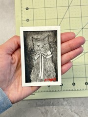 ACEO One of A Kind Black & Gray Cat portrait Mixed Media Painting 3.5×2.5 #02