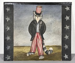 Primitive Folk Art Uncle Sam Cat Painting Signed Americana Patriotic 11×9.5
