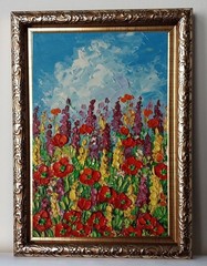 Framed Red Poppy Lupine Flowers Summer Meadow 4×6” Impasto Oil Painting Original