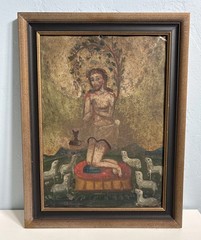 19th Century Retable Religious Mexican Oil Tin Painting Precious Blood of Christ