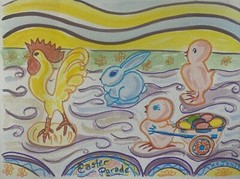 EASTER PARADE by Kristi C Jones Rabbit Chick Painting Art Vintage Eggs