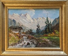 L. Denartu Oil On Board, Valais Switzerland Mountain Landscape, Impasto Style