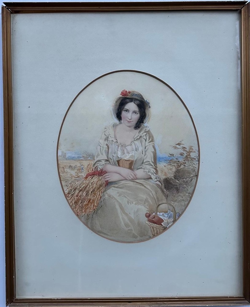 Antique Painting (c. 1860 ) : The Pretty Gleaner, watercolour