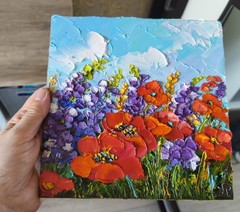 Original Oil Painting Red Poppy Flower Impasto Art on panel 8x8in Signed Artwork