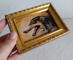 ACEO Borzoi Oil Painting Framed dog artwork 2.5×3.5 in