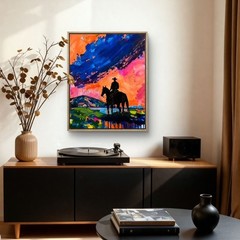 Colorful Cowboy Silhouette Farm Landscape 16×20 Acrylic Canvas