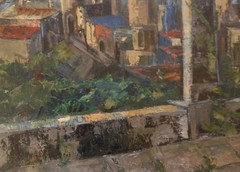 1950’s LRG Mid century Modern Abstract Cityscape Oil Painting Signed 35 x 29 in