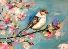 Mary Myers Original Expressionist Bird Painting 16×20 Floral Branch Canvas