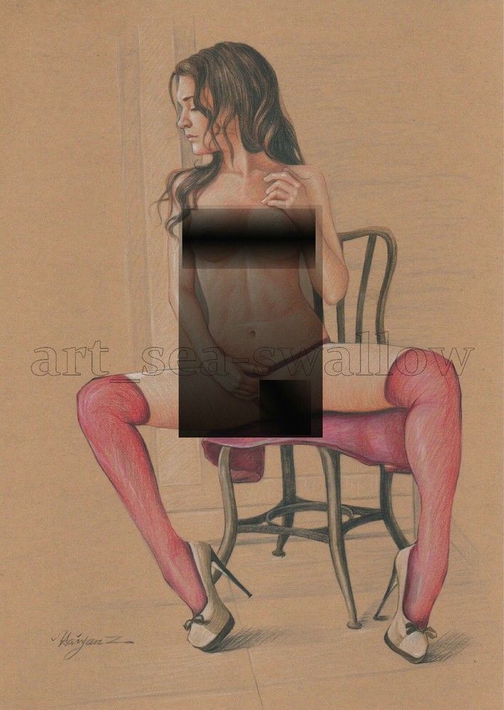 Original drawing A4 Art Colored Pencil painting Beautiful girl on kraft paper 36