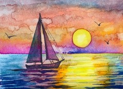 Watercolor Painting Seascape Sunset Ocean Island Palm Trees Nature ACEO Art .