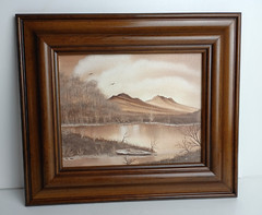 Original Oil Painting Signed Framed/Matted Scenic Lake & Hills Browns Tan Beige