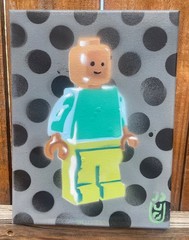 9 x 12 Metallic Bronze Lego Man on Gray and Black Street Art Painting