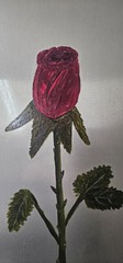 Metal Red Long Stem Rose 18×17 „Everlasting Rose“ Oil Painting By Jodi Brown