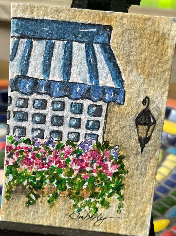 ACEO Original Blue Awning Window, Cottage, Flowers, Watercolor by Kimberly Tyson