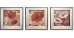 Set of Three Original Framed Poppy Paintings in Red and Blush Tones