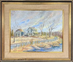 Vintage Howard Piatt (20th C.) „Farm House at Sunset“ Oil Painting On Canvas