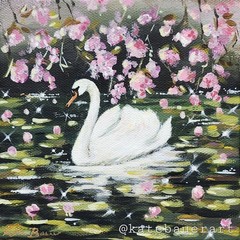 ORIGINAL Swan Lake Landscape- Pink Flower Blossoms- 6×6″Acrylic Painting Canvas