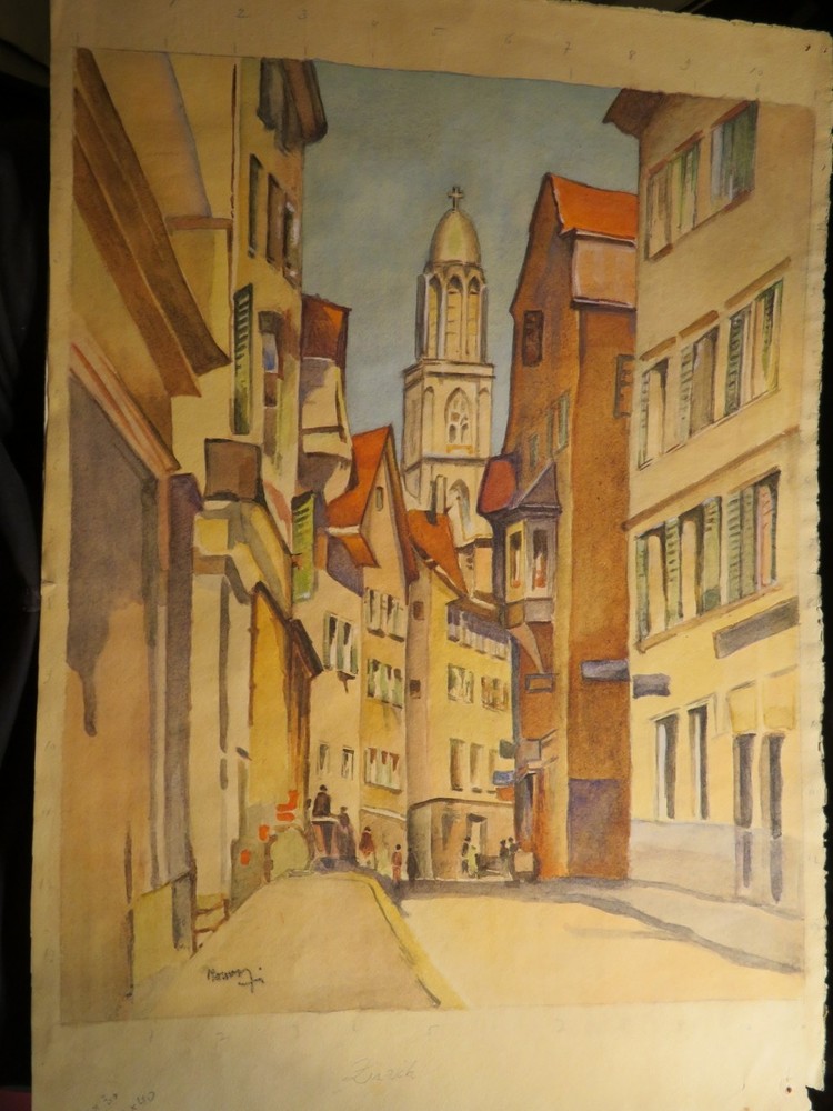 School SWITZERLAND XX DRAWING WATERCOLOR PAYAGE ZURICH GROSSMUNSTER SWITZERLA…