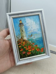 Lighthouse Poppy Oil Painting Original Framed Signed Poppies Impasto Sea Art 6×4