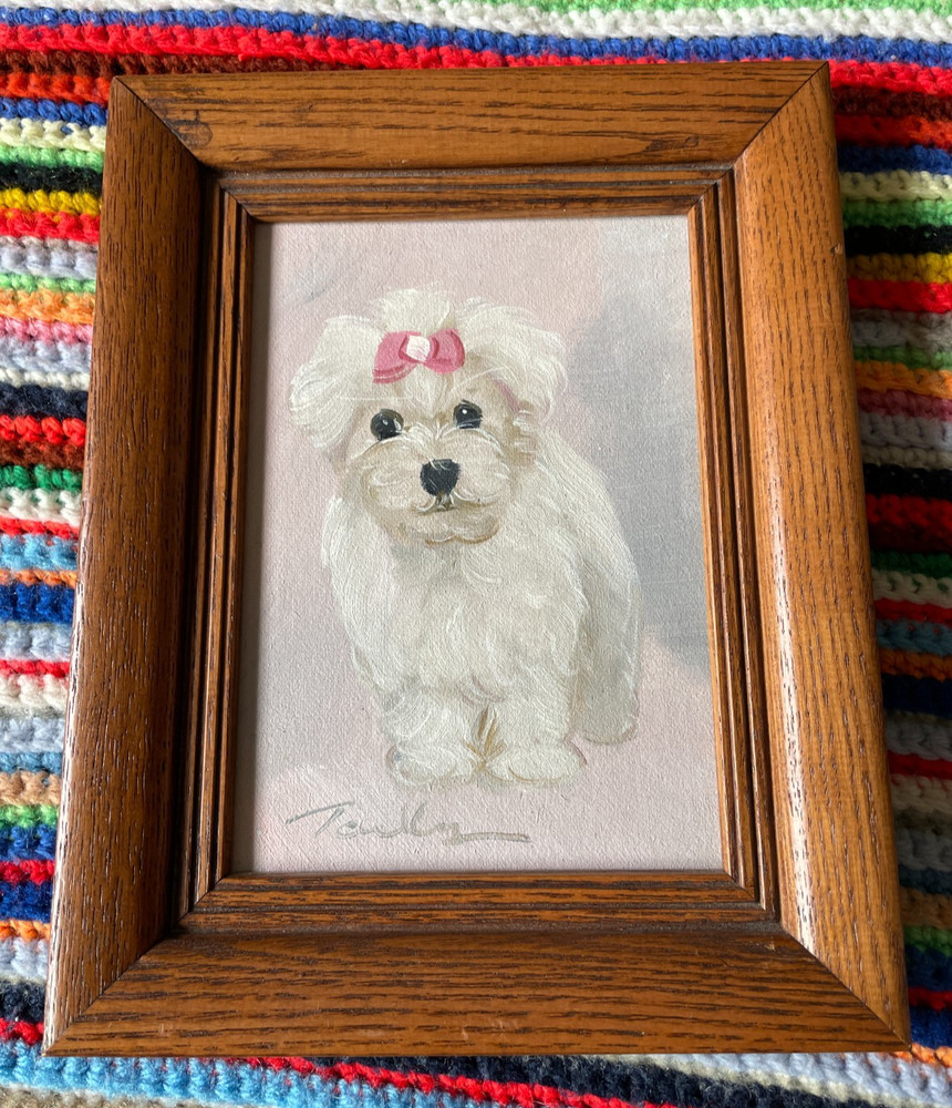 Original Oil Painting Maltese Dog Pink Bow Signed Framed Certified Authentic