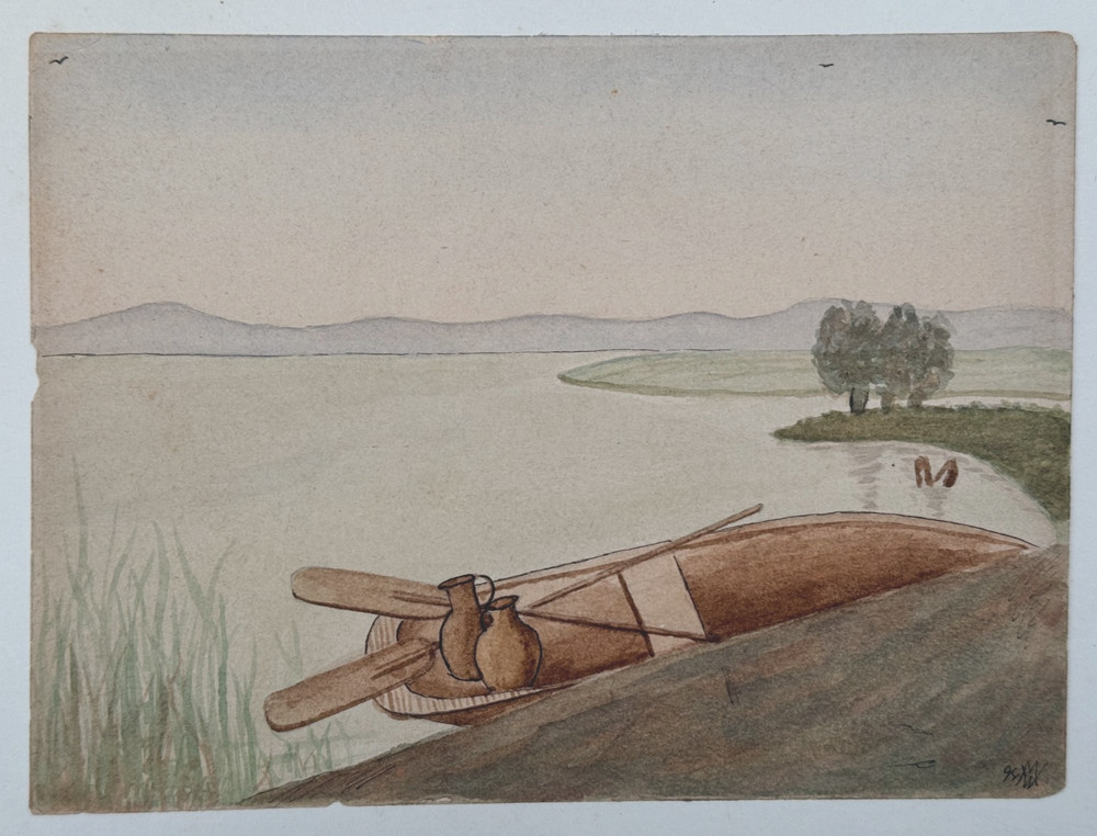 ANTIQUE WATERCOLOR PAINTING SIGNED M.W. MW INITIALS 1894 ROW BOAT CERAMIC JUGS