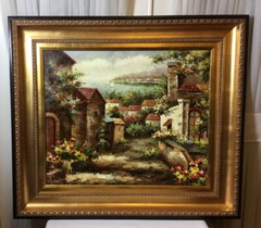 Original Sign Oil Painting On Canvas Wall Art Wood Carved Gold Frame 32”.5×28.5”
