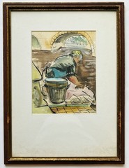 Mid Century 40s Modernist Watercolor Painting Loing River Moret-Sur-Loing France