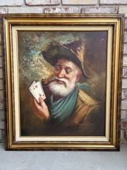 Kim Benson Oil Painting on Canvas Framed Signed Man+Pipe+Cards 20”x24”