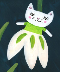 Snowdrop Cat Flower Painting, Fantasy Cat Art 6×8 on wood
