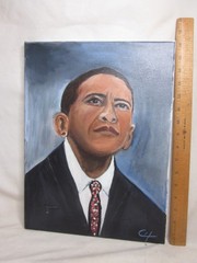 original portrait painting 12″ x 16″ President Barack Obama oil signed ? CH *