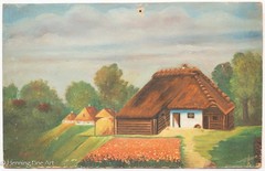 Vintage Naive Oil Painting of Village Poppy Flower Field by O. Heinze 11×17″