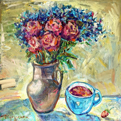 Original Floral Still Life Oil Painting 16×16 Impasto Canvas OOAK Kitchen Art