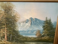Oil On Canvas Mountain/Lake Landscape Painting With Gold Frame 12 X 16/ 18 X 22