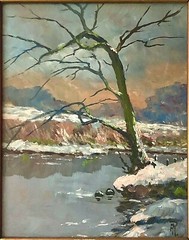 Original Signed O/B „FR“ Monogram 20th c Landscape Painting Tree at River Bank