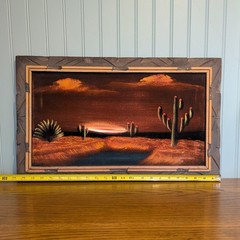 Vintage Black Velvet Painting Desert Sunset Cactus Mexico Carved Wood Frame MCM