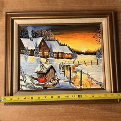 Vintage Original Signed Winter Cabin Birds Sunset Landscape Painting Framed 18”